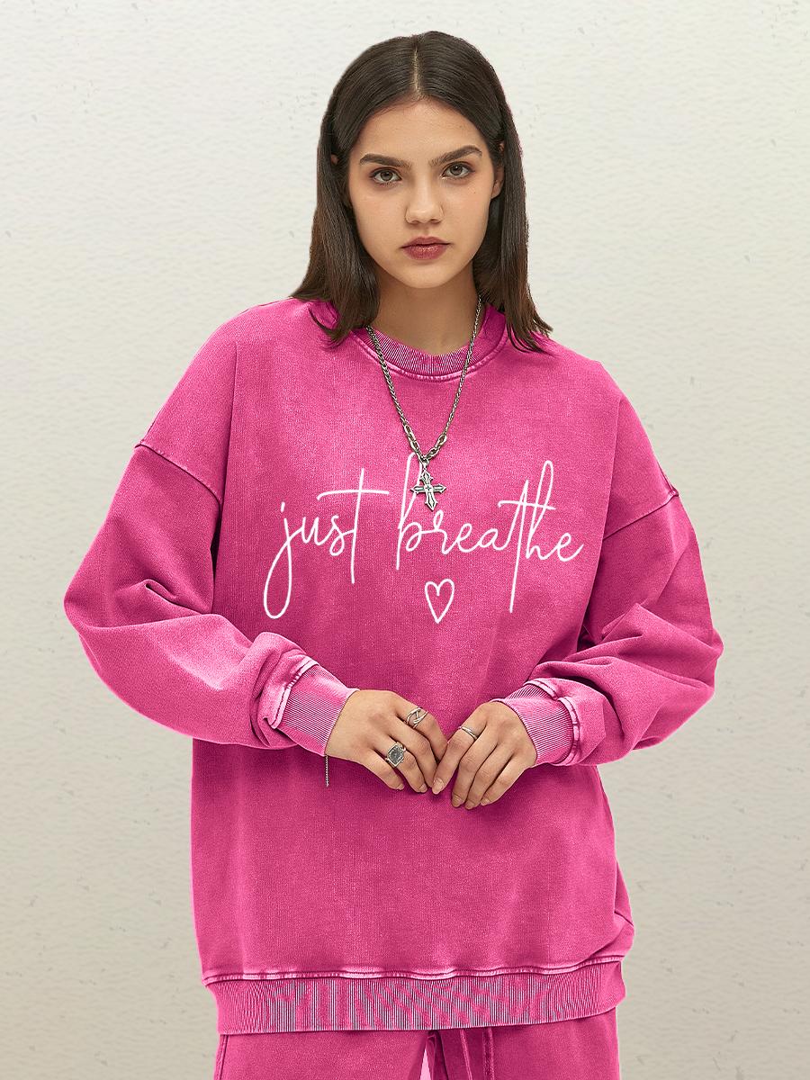 

Just Breathe Love Art Letter Print Women Washed Sportswear Cotton O-Neck Pullover Autumn Casual Sweatshirt Woman Clothes S