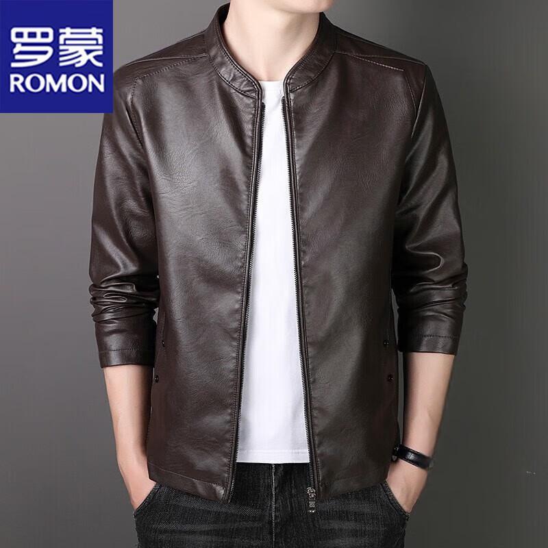 ROMON Men's Stand Collar Faux Leather Jacket