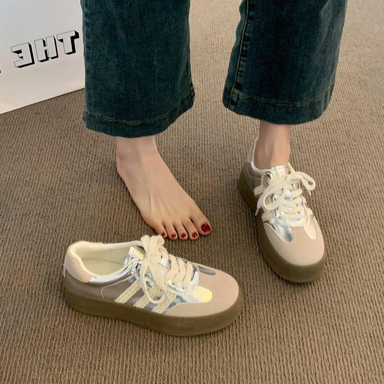 Platform shoes women's spring and summer round head versatile casual shoes niche retro silver sports shoes