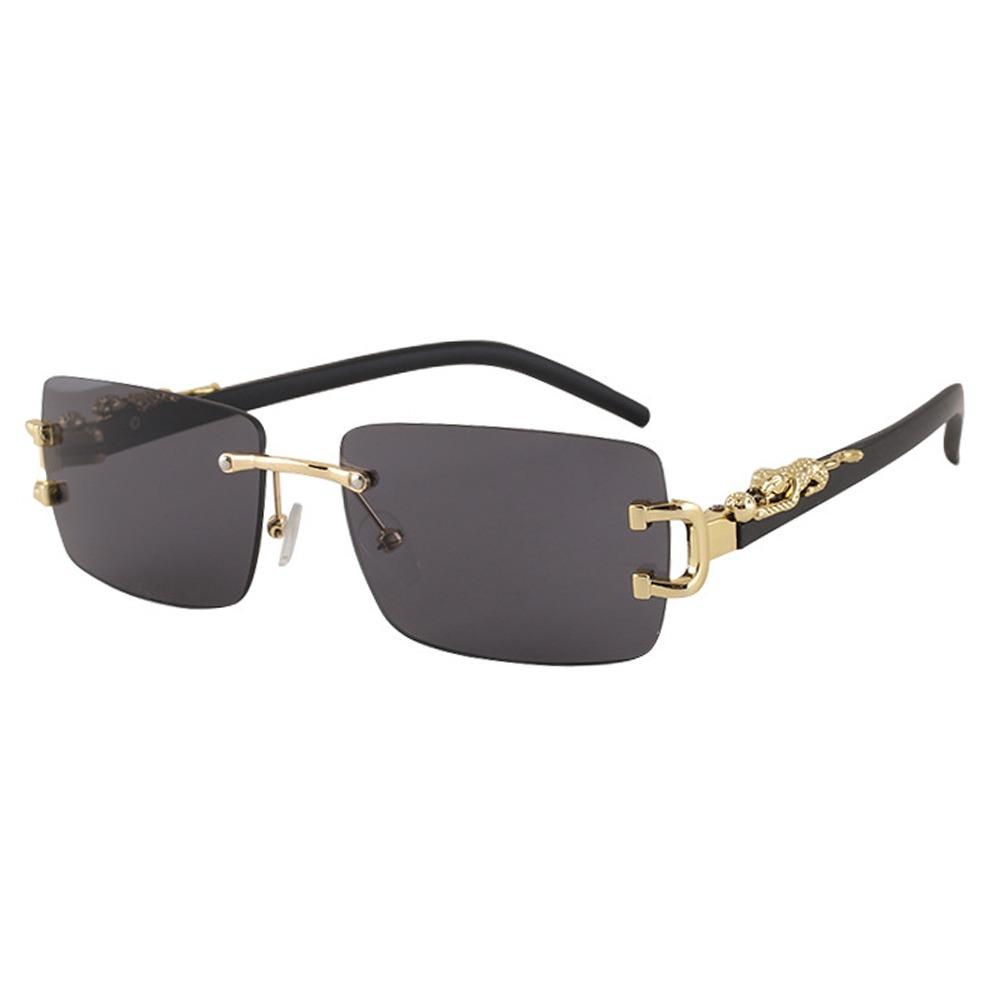 Leopard Decor Rectangular Sunglasses Metal Frame Cut-Edge Rimless Shades UV400 Protection Frameless Eyewear for Women & Men