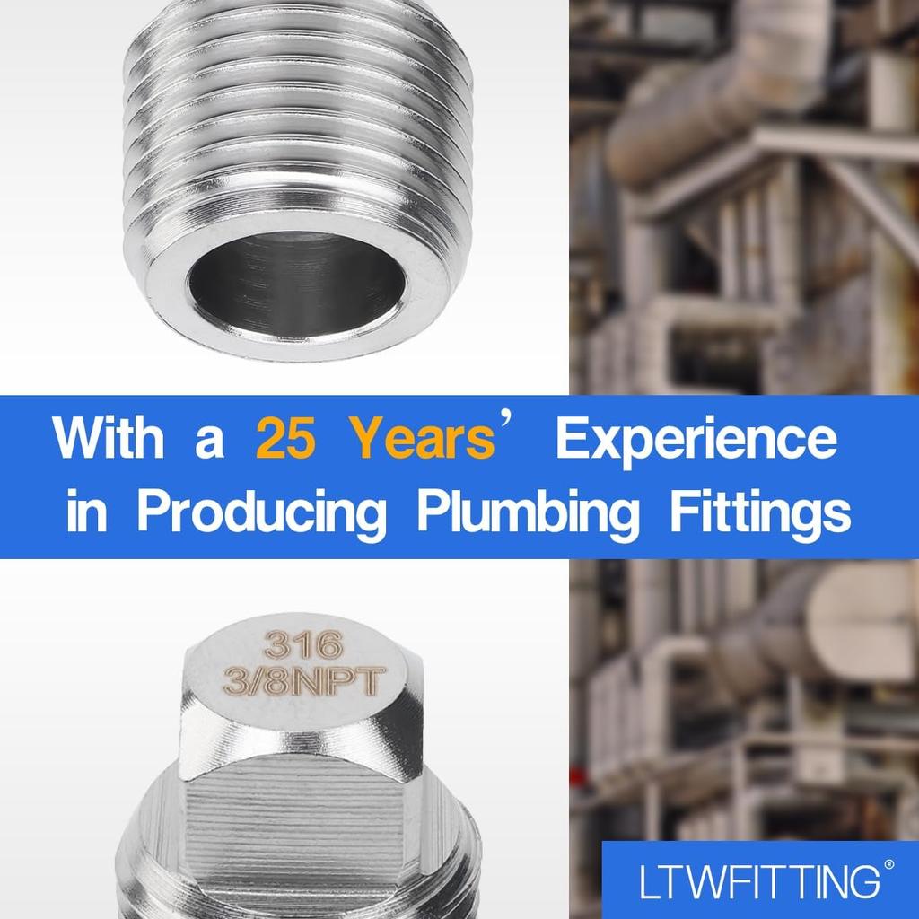 LTWFITTING Stainless Steel 316 Pipe Square Head Plug Fittings 3/8-Inch Male NPT Air Fuel Water Boat(Pack of 10)