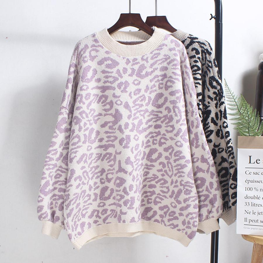 Herbst Neues Leopardenmuster Strickpullover Damen Rundhalsausschnitt Koreanischer Lockerer Fauler Stil Internet-Berühmtheit Frisches Strickoberteil