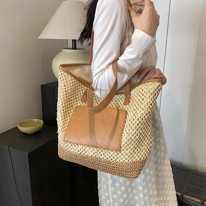 Women Crochet Beach Handbag PU Patchwork Weaving Travel Bag Contrast Color Simple Shoulder Bag Ladies Summer Daily Bag AVE