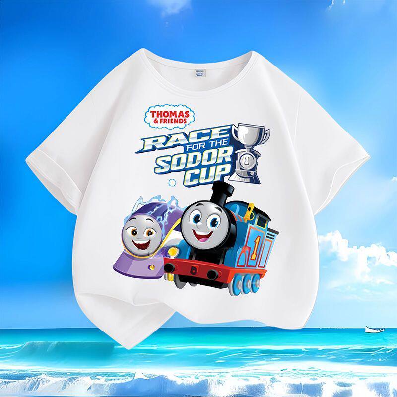

Thomas the Train Cartoon Summer New Style Boys and Girls Small Children Short-Sleeved T-Shirt 100% Cotton Round Collar Loose Top 110