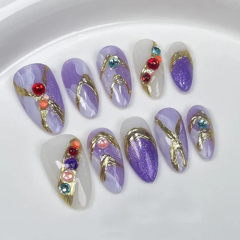 10pcs Vintage Medium Almond Classical Fake Nails 3D Aurora Baroque Metallic Flash Press on Nails Full Cover Detachable Nails Tip
