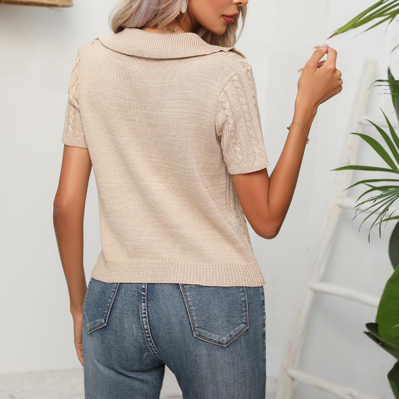 Summer Women's Twist POLO Neck Short Sleeve Knit Sweater Stranded Short Top