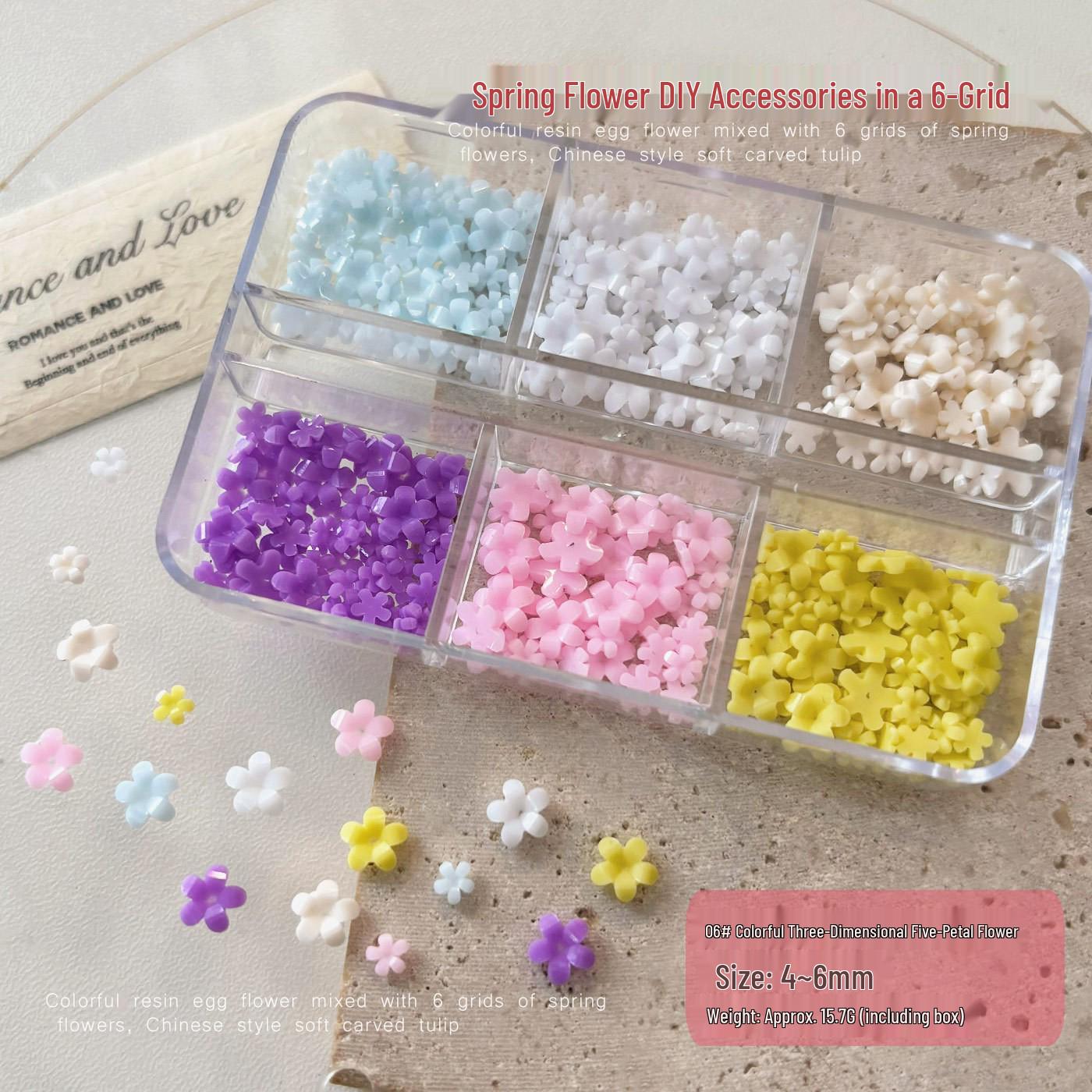 6-Grid Colorful 3D Five-Petal Flower Nail Art Decor Set - Sunflower Design