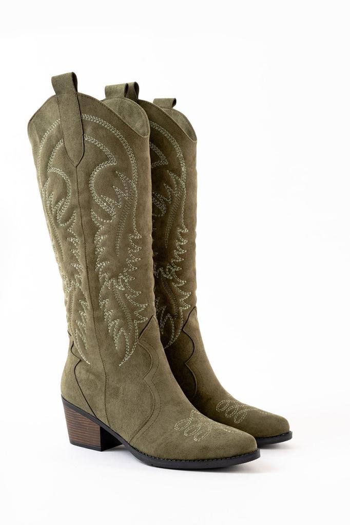 Women Modern Stylish Fashion Boots Boots Faux Leather Suede Khaki Suede Embroidered Cowboy Long Boots