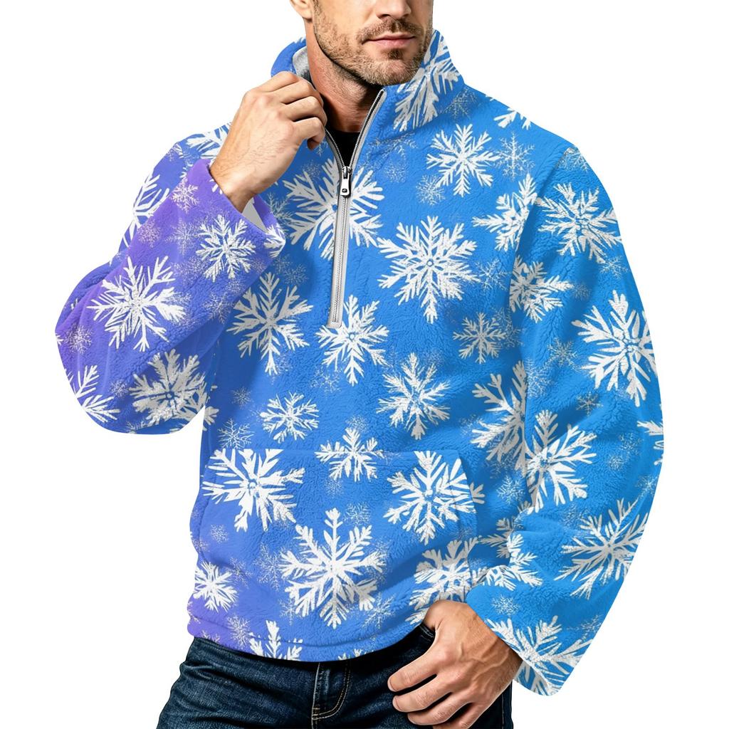 Men's Christmas Print Flannel Zip-Up Sweatshirt with Stand Collar, Plus Size Casual Top for Fall Winter