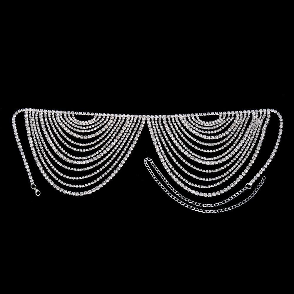 Hot Selling Multi Layered Rhinestone Tassel Chest Chain Sexy Party Crystal Body Jewelry Chain Handmade Jewelry серебряный