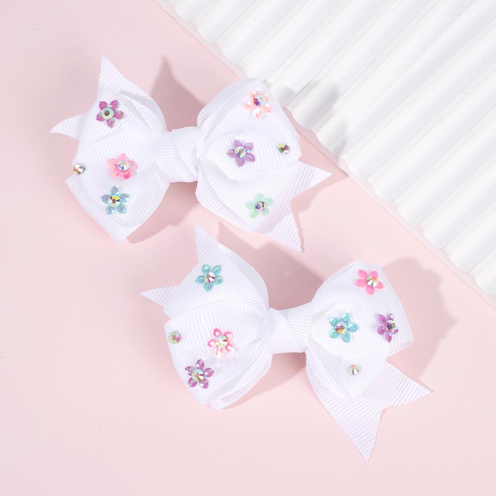 2Pcs Bow Hair Clip Rhinestone Flower Ribbon Solid Color Simple Barrette Baby Girl Kid School Play Party Accessories Hairpin Gift