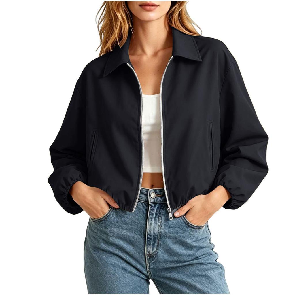 Women's Fashion Short Loose Fit Puffy Zipper Long Sleeve Jacket Outerwear