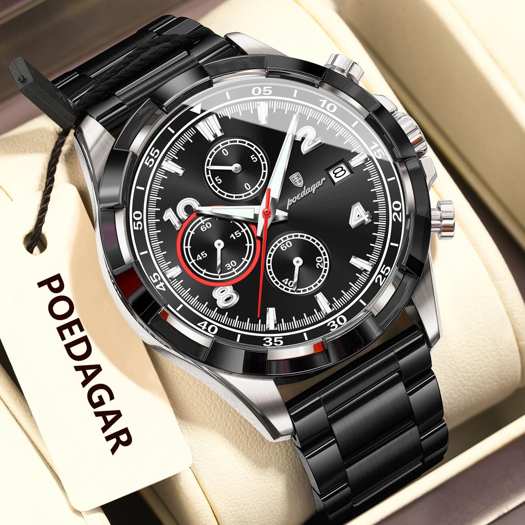 POEDAGAR Fashion Men's Wristwatch Luminous Waterproof Stainless Steel Man Watch Chronograph Date Business Quartz Watches For Men