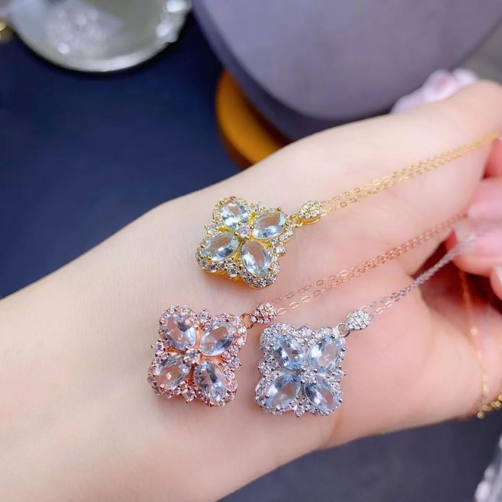 S925 Pure Silver Gold-plated Clover Natural Aquamarine Fine Jewelry Necklaces Fashion Body Jewelry
