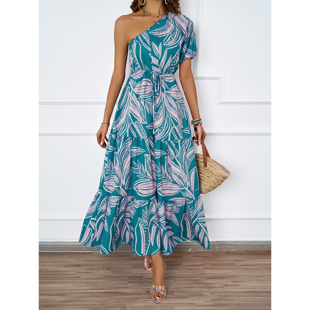Summer New Sexy Slant Neck Printed Bohemian Seaside Vacation Long Skirt Dress