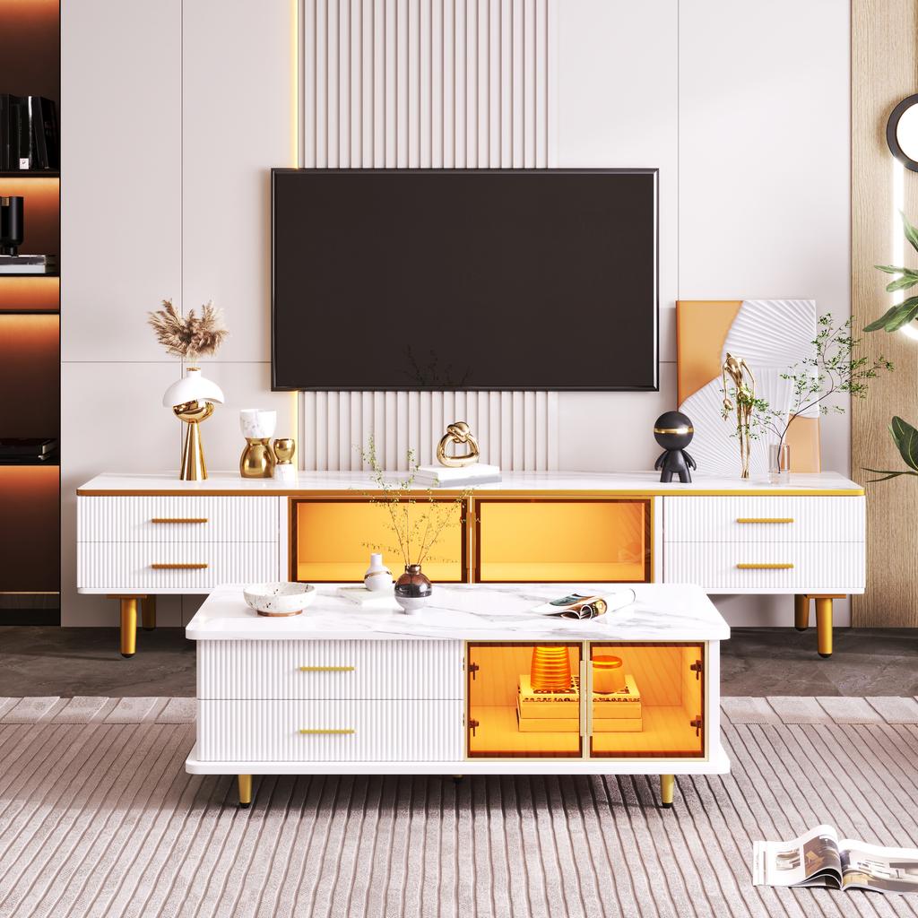 Coffee Table, TV Cabinet, Living Room Furniture, Glass Door, Alloy Frame, Drawers Wave Structure, Gold Handles and Legs, Tabletop Marble Structure.