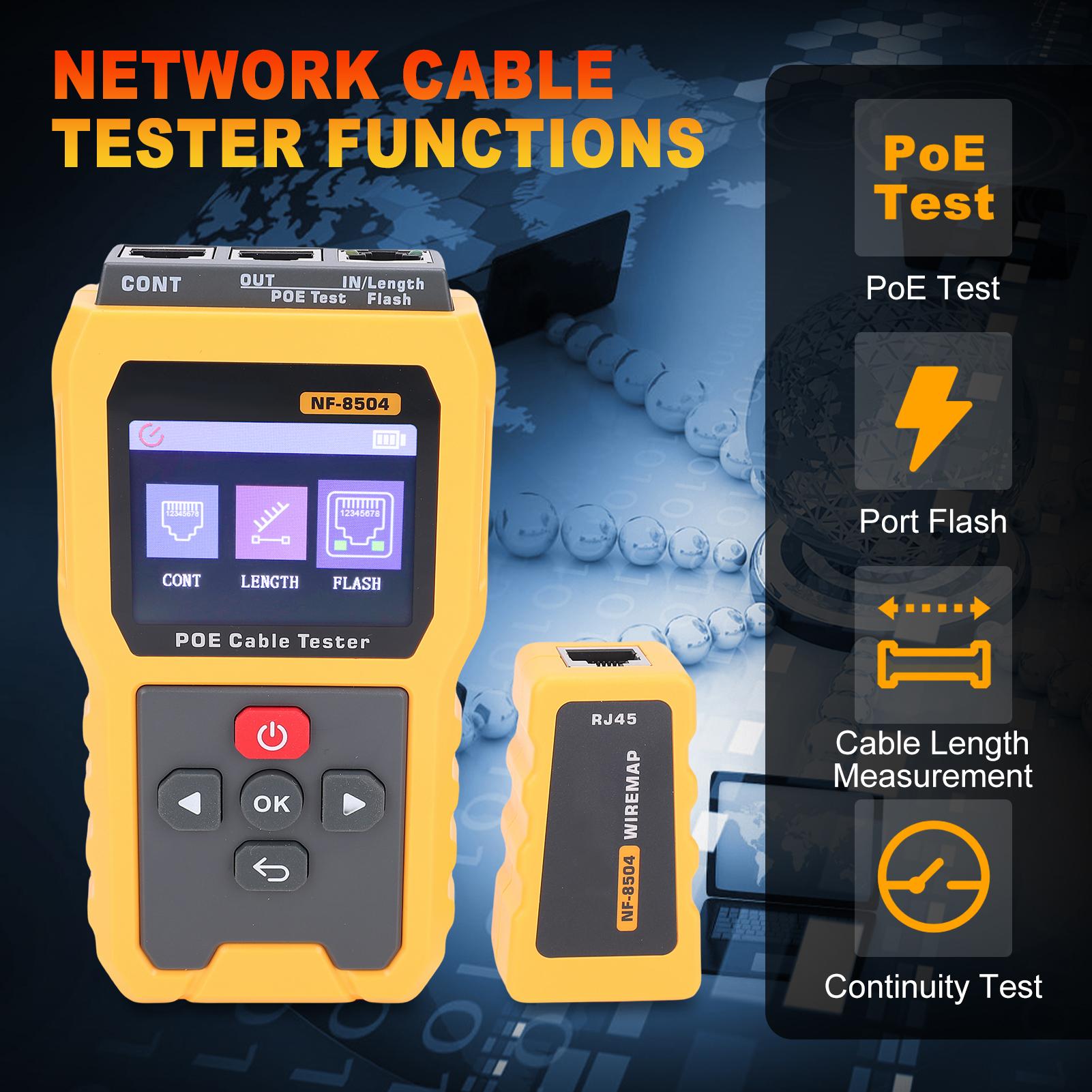 

PoE Cable Tester, 2.4 Screen Ethernet Cable Tester with Port Flash, Cable Length Measurement, Continuity Test, Power