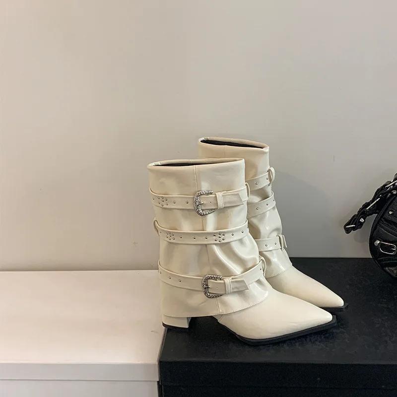 Black Rivet Pant Boots Women's Pointed Toe Niche Design Thick Heel Sleeve Knight Boots Women's Retro Style Rubber Outsole