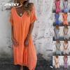 JPNTKY Moda Estiva Primaverile Colore Unico Stampa Manica Corta Scollo a V Abiti Casual