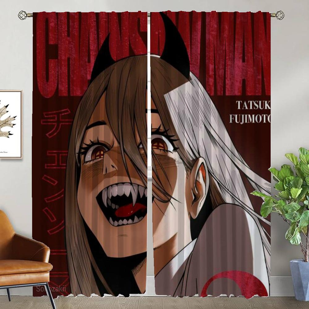 Halloween Dekoration Chainsaw Man Vorhänge Kinderzimmer Küchenvorhänge 2 Stück Fenstervorhang Raumteiler Tüll für Schlafzimmer Panel