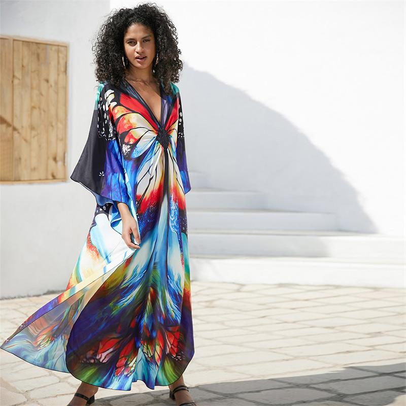 EDOLYNSA 2024 Plus Size Bunter Schmetterlingsdruck Handgestrickt V-Ausschnitt Lässiger Kaftan Damen Hauskleid Sommer Beachwear Badeanzug Cover Up Q1634