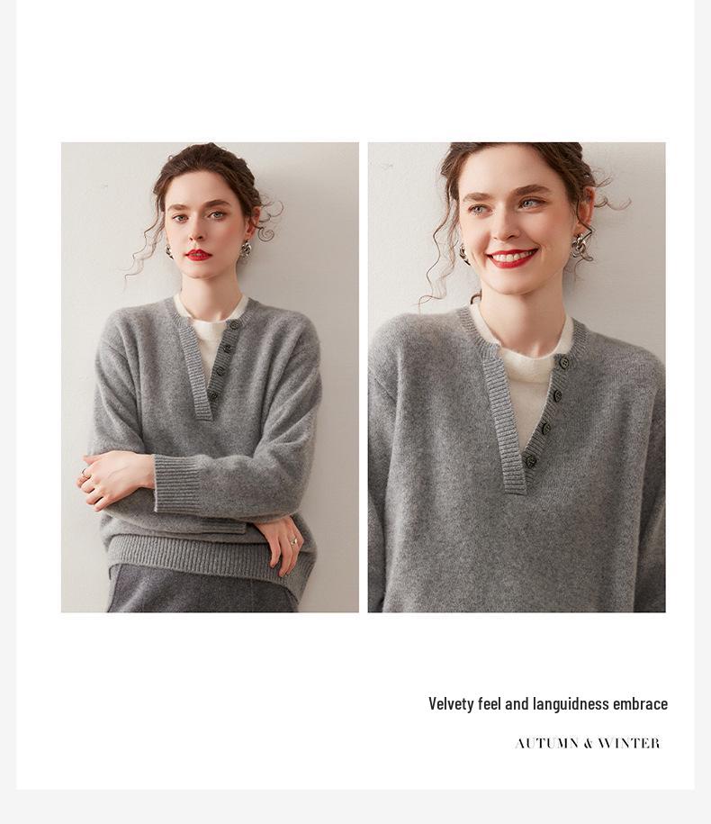 Autumn/Winter Women's Cashmere Knit Henley Shirt: Stylish, Versatile, Soft & Comfortable Fake Two-Piece Base Layer.