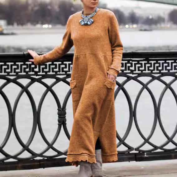 Solid Color Round Neck Loose Lace Plus Size Knitted Pullover Dress