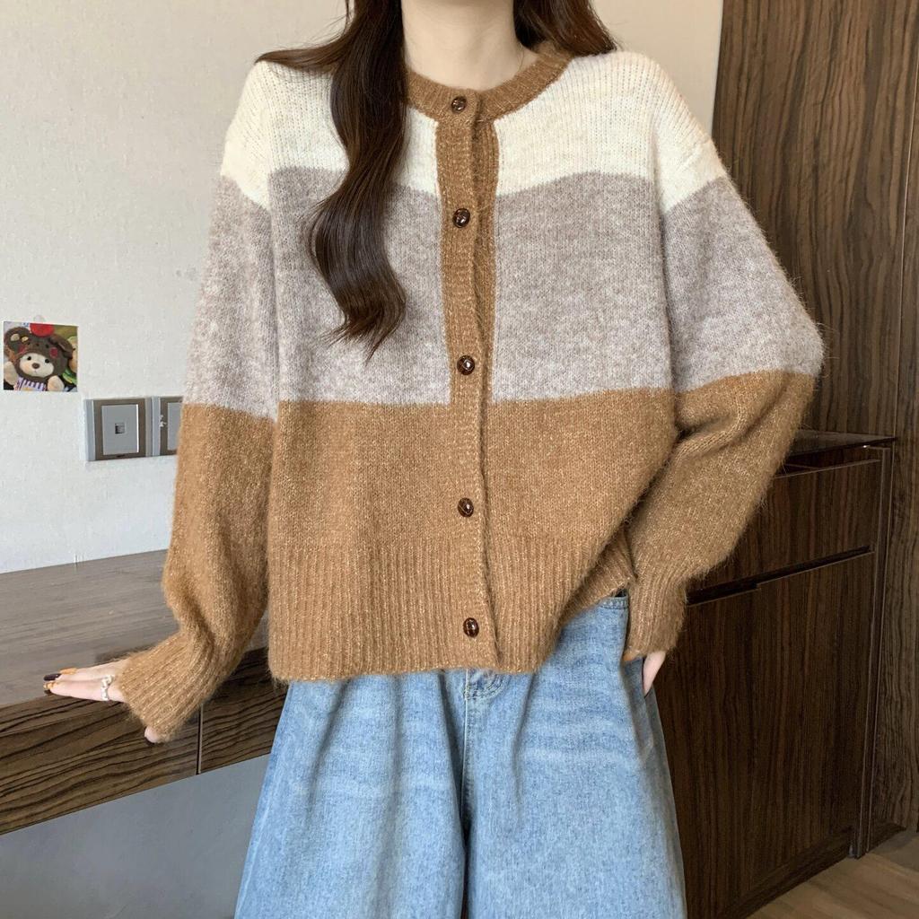 Retro Korean Color Block Striped Knit Cardigan – Women's Autumn/Winter Versatile Design