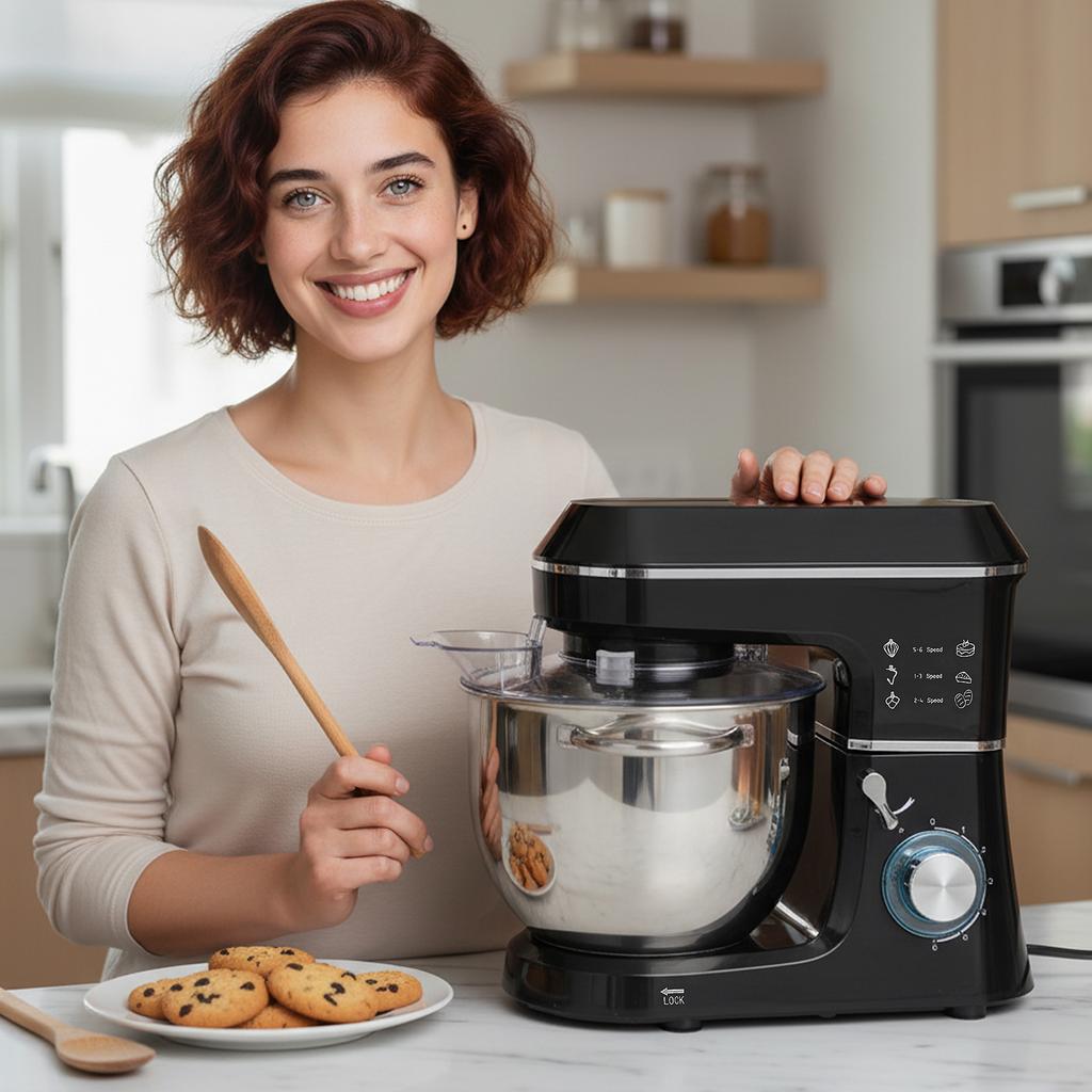 1400W Stand Mixer with 7L Bowl and 6 Speeds, Dough Hook, Whisk and Beater, Black