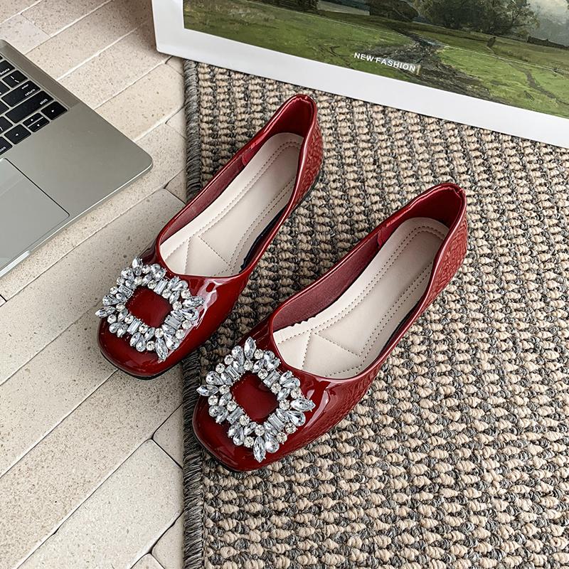 Fashion 2025 Light Women's Shoes Round Toe Women's Flats Daily Dress Flats Women Crystal Square Button Slip On Soft Bottom Ladies Shoes