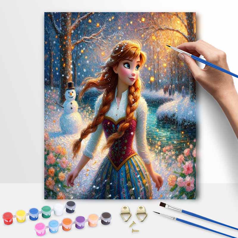 Disney Frozen Anna Oil Painting Kit, Winter Snowman Scene Home Decor Handmade Gift, Unique Wall Art For Living Room, Craft Hobby Set