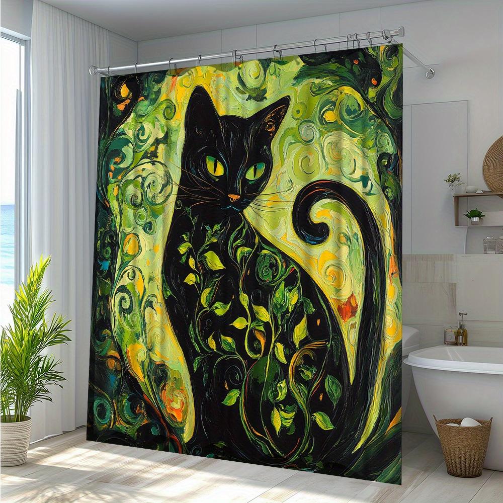 Artistic Black Cat Shower Curtain -Waterproof,Mildew-Resistant with Vibrant Green Swirls for a Unique and Stylish Bathroom Decor