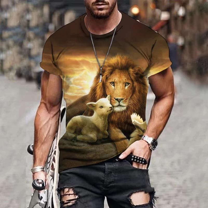 

Летний топ с круглым вырезом и 3D-принтом животного льва, модная повседневная мужская футболка с коротким рукавом XS