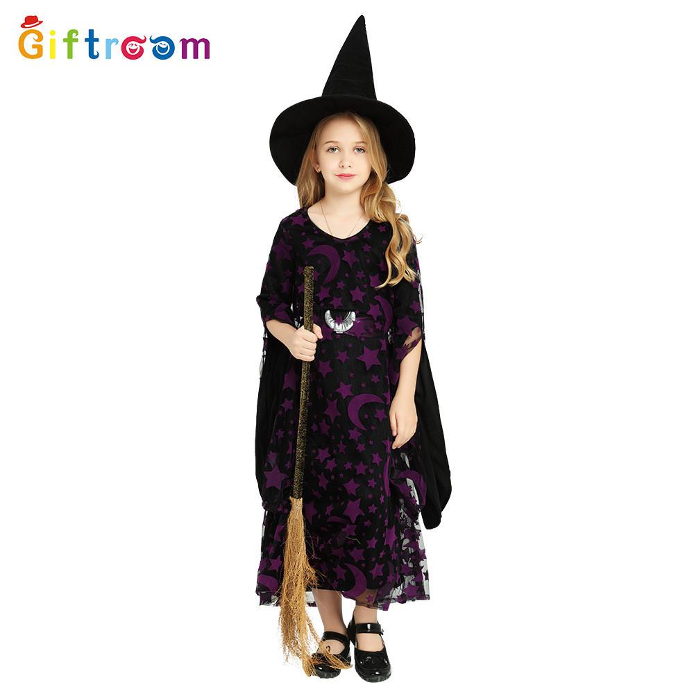 

Детский мечтательный фиолетовый костюм ведьмы со звездами и луной, изготовленный из мягкой полиэстеровой ткани XL