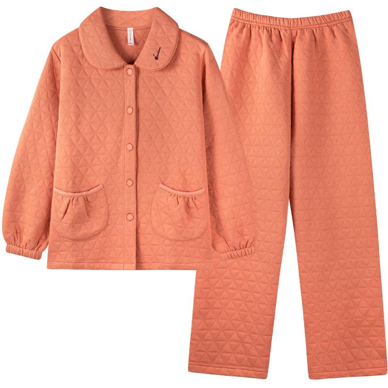 Air Cotton Pajamas Women'S Autumn And Winter Pure Cotton Thickened Warm Interlayer Middle-Aged Mother Loungewear Set