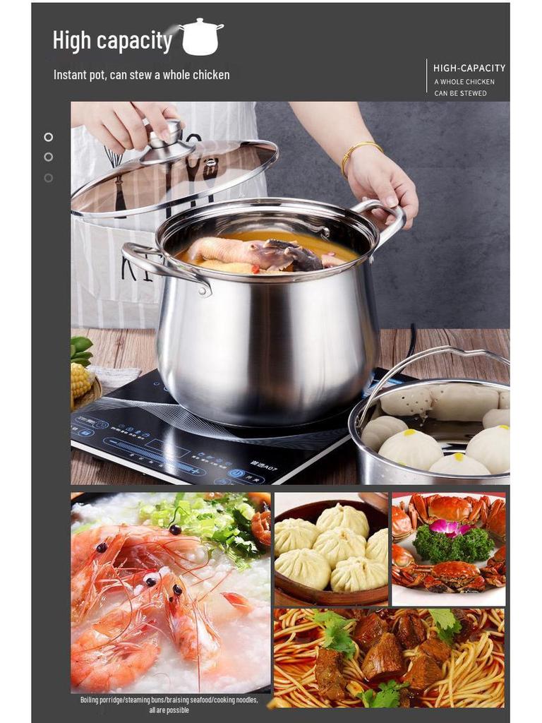 Thickened Stainless Steel Stockpot - Large Capacity for Braising, Boiling, and Steaming On Induction Cookers and Gas Stoves