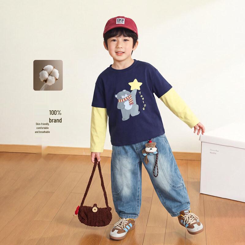 LUSON Boys' Long Sleeve Faux-Layered Cartoon Print T-Shirt