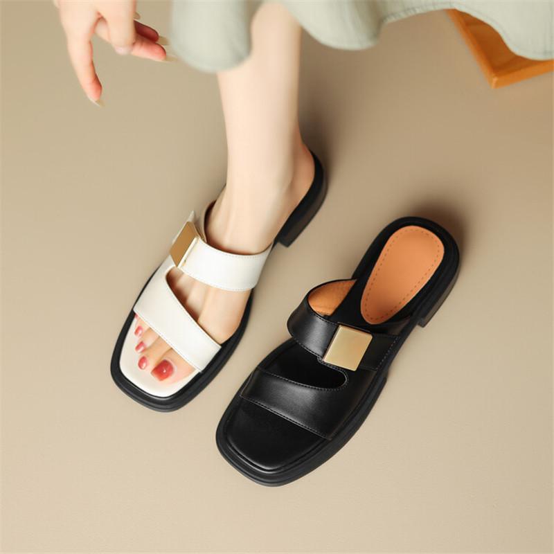 Fashion New Split Leather Summer Slippers Women 2024 Square Toe Chunky Heel Sandals Open Toe Shoes for Women Handmade Slippers Women