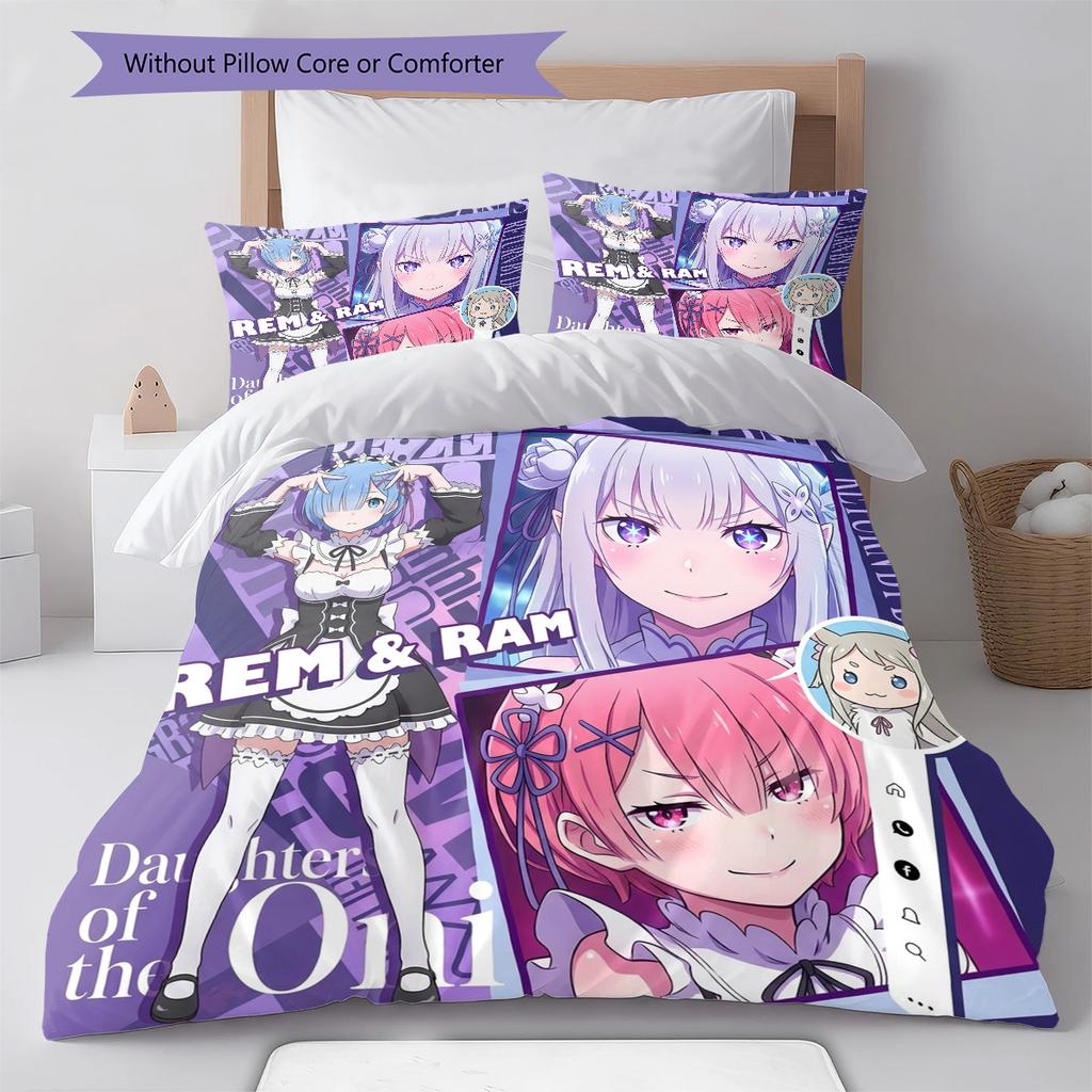 Re Zero Pattern Bedding Quilt Set Quilt Cover Pillowcase Home Birthday Gift(1 * Duvet Cover + 2 * Pillowcase, Without Core)