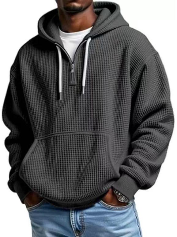 European Heavyweight Waffle Long Sleeve Hooded Sweatshirt - Men's Loose Fit, Pure Color, Casual Style