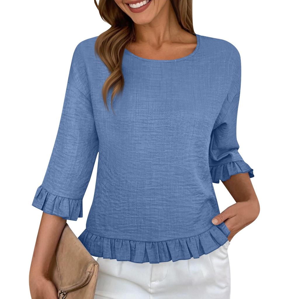 Women's Short-sleeved Round-neck Color Tops Loose European And American Lace Sleeves Shirt