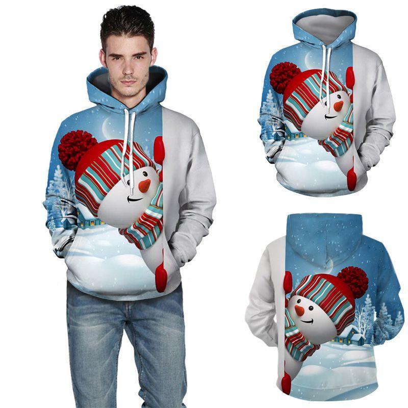 Cozy Men Xmas Hoodie Christmas Snowman Print Sweatshirt Soft Long Sleeves Top
