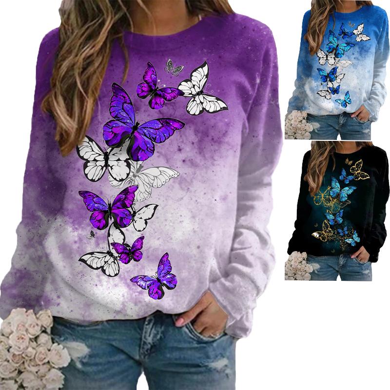 

Женщины Осень Бабочка Животное Рубашка Принт Длинный рукав Crewneck Топы