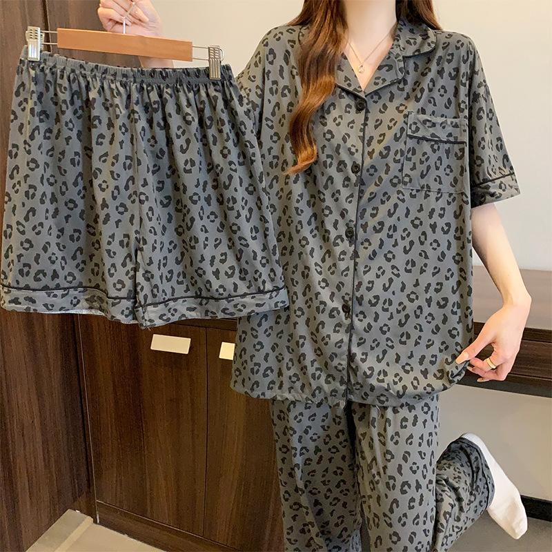 Hochwertiger Leopardenmuster Frühling und Sommer Imitationsbaumwollpyjama Damen Old Money Stil Retro Kurzarm Dreiteiler Loungewear