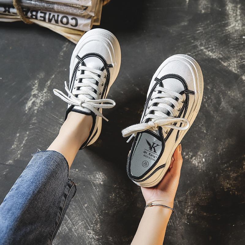 2 autumn and winter new big head canvas shoes women's casual lace-up trendy shoes retro Hong Kong flavor flat baseplate shoes 50