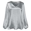 Solid Color Women Blouse Lantern Long Sleeve Simple Satin V-Neck Autumn