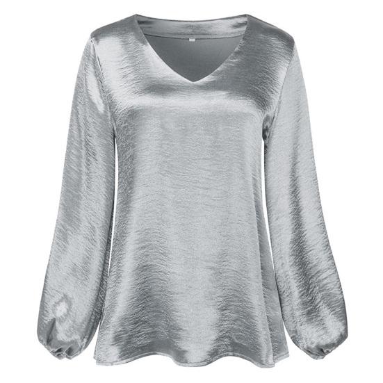Solid Color Women Blouse Lantern Long Sleeve Simple Satin V-Neck Autumn