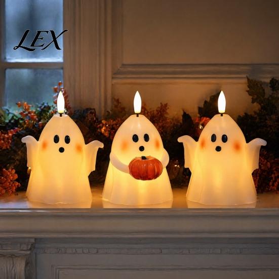 Safe Decorative Night Lights Halloween Ghost Flameless Candle, Cute Holding BOO Letter Tealight, Battery Operated Candles LED Flickering Light