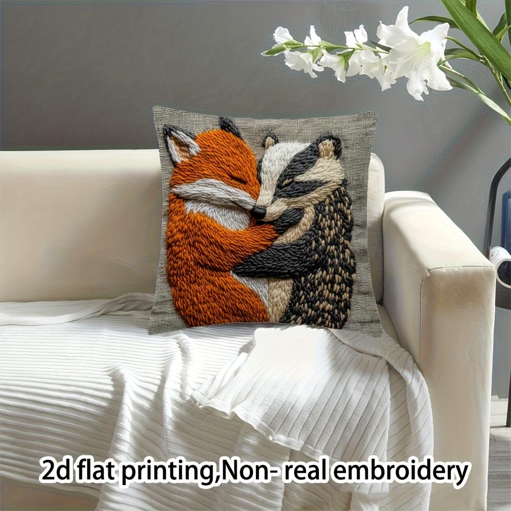 2D flat- Rustic Embossed Style Fox and Badger Hug Throw Pillow Cover Cozy Animal Print Cushion Case for Home Sofa Decor