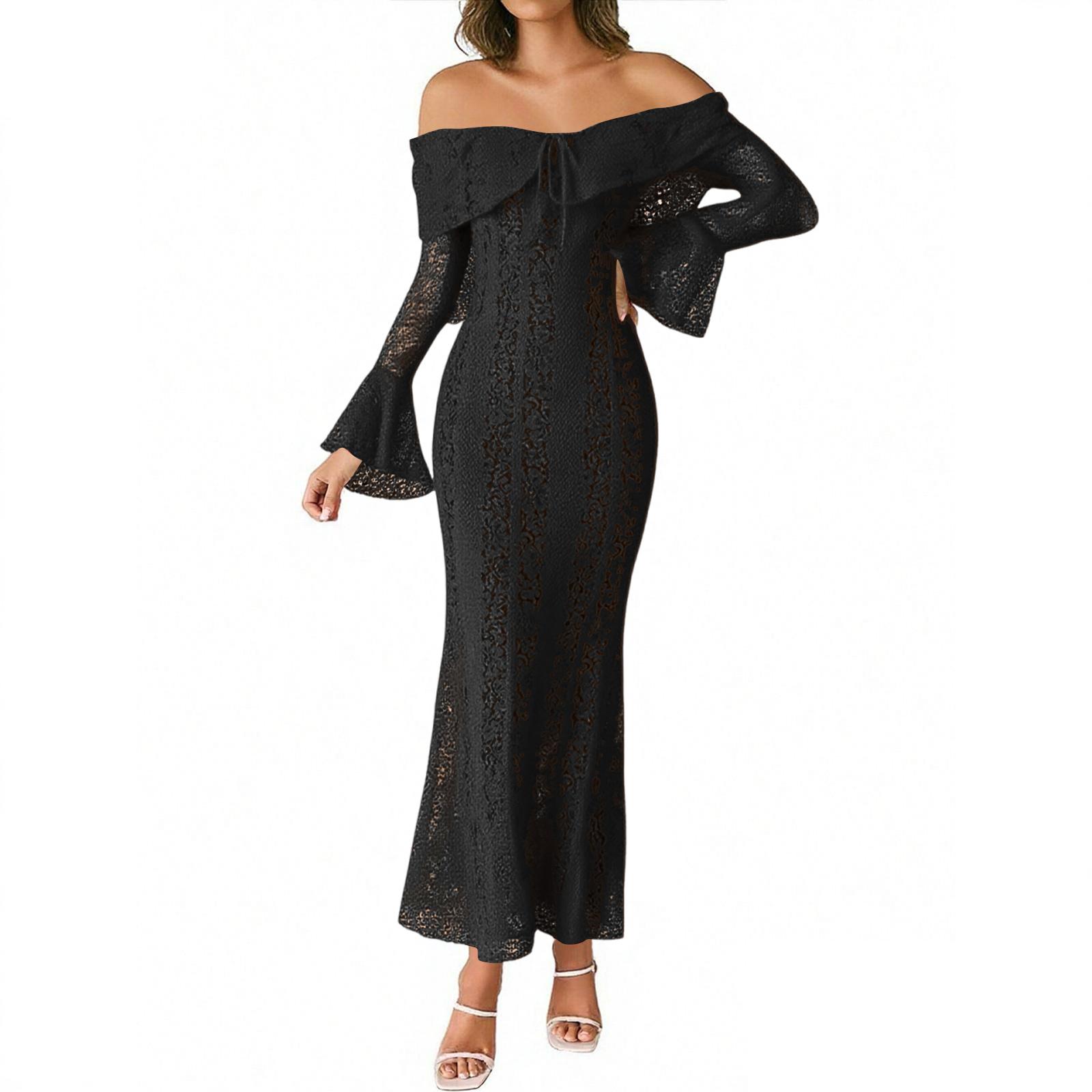

Элегантное кружевное макси-платье с открытыми плечами для женщин с длинным рукавом, вечерние платья для свиданий M чёрный